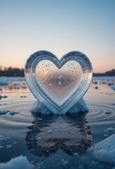 Fototapeta premium Heart-shaped ice sculpture on a frozen lake, serene atmosphere, peaceful scene, romance and fragility of love concept