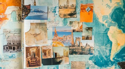 Travel memories collage on world map.