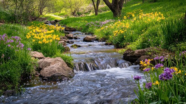 A vibrant spring nature scene with a flowing stream, flowers blooming, and birds singing in the trees