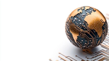 Stylized globe on futuristic circuit board representing global connections and technology in a modern design with metallic accents