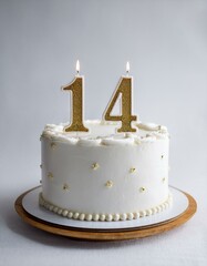 Decorated white cake for birthday or anniversary party, candle number 14, white background