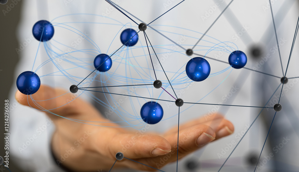 Poster Neural network 3D illustration. Big data and cybersecurity