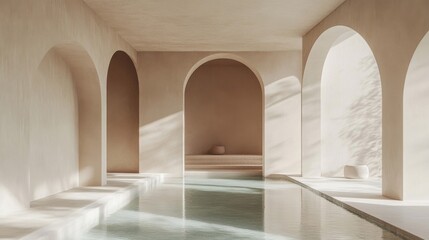 Fototapeta premium Sunlit Minimalist Pool in Serene Archway Interior
