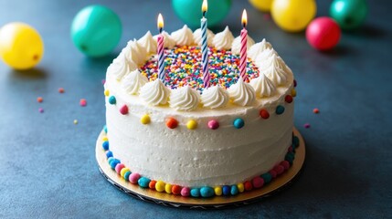 A cheerful scene with a birthday cake adorned with sprinkles and candles, placed on a table, with colorful balloons filling the background in a bright, festive room.