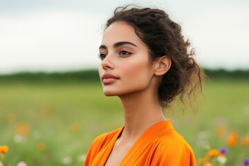 commercial photography for advertising campaign showcasing woman in vibrant clothing standing in field of wildflowers