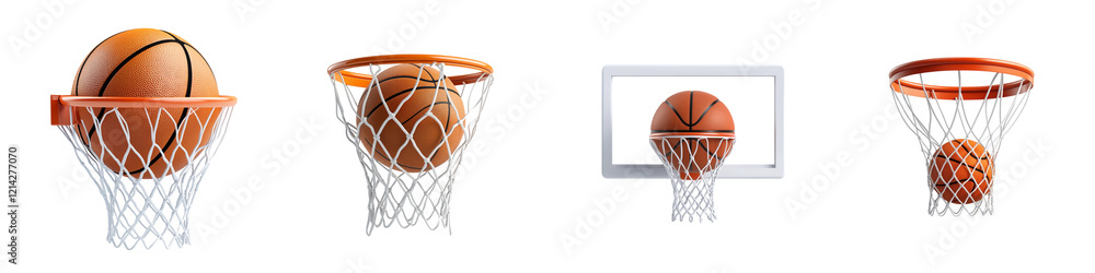 Poster a sequence of basketballs interacting with hoops, showcasing the dynamic action of scoring in the ga