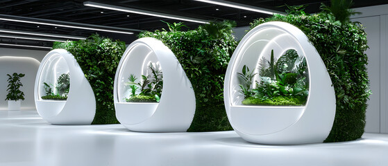 Innovative green interior design featuring biophilic plant displays modern office space interior architecture minimalist aesthetic