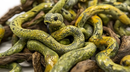 Obraz premium Green snakes tangled in branches, art installation, studio