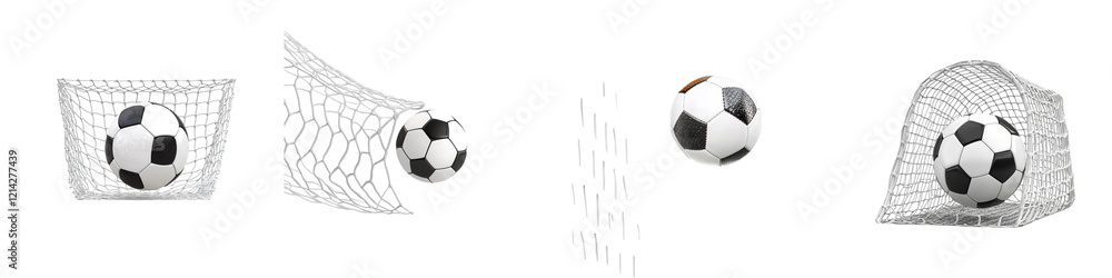 Poster four soccer balls interacting with goal nets in various positions, showcasing the dynamic action of 
