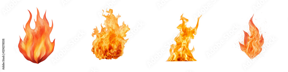 Poster a series of flame graphics showcasing varying shapes and sizes, characterized by vibrant orange and 