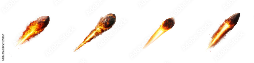 Poster a series of fiery projectiles in various motion stages, showcasing dynamic movement and vibrant colo