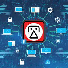 Warning alert icon with a hacked system. malicious software, virus, spyware, malware, or cyberattacks on computer networks
