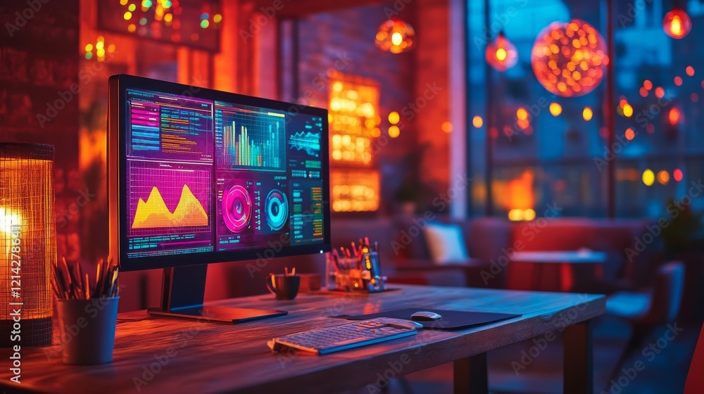 Poster with a blurred office background, a computer monitor showcases different graphs and data analysis ch