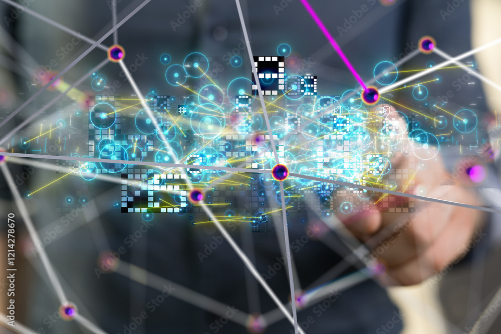 Poster neural network 3d illustration. big data and cybersecurity - 3d