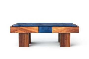 Home interior mock-up with blue sofa, wooden table and decor in