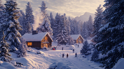 Fototapeta premium Winter Wonderland with Snow-Covered Trees, Wooden Cabin, and Children Playing in the Snow