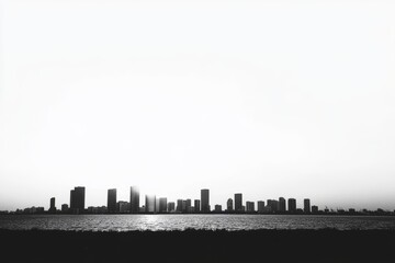 Dusk in Miami showcases the skyline with illuminated buildings and their reflections in the water, the scene enhancing the urban architecture through a white background