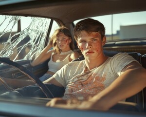 
A young couple sits in a car with a broken window. Drive safely.