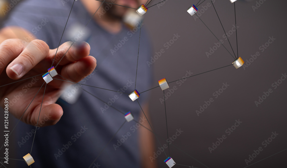 Poster businessman pointing or touching finger in screen..