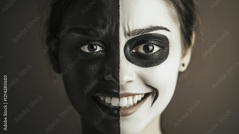 Poster a visual concept of jealousy with contrasting images of smiling and envy.