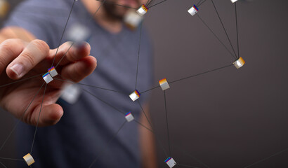 Businessman pointing or touching finger in screen..