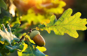 Oak leaf, acorn on oak tree background