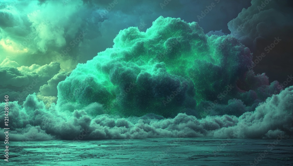Poster a 3d rendering of an abstract cloud symbol, depicted through glowing green pixels on a dark backgrou