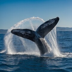 Naklejka premium A whale's tail splashing in a clear ocean under a white and blue sky.A whale breaching under a sky filled with migrating birds. 