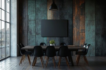 A stylish and spacious conference room equipped with sleek furniture, a large table, and a backlit presentation screen