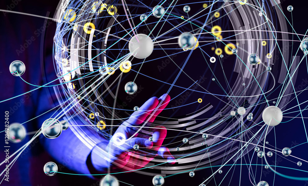 Poster Global network. Blockchain. 3D illustration. Neural networks and artificial intelligence. Abstract
