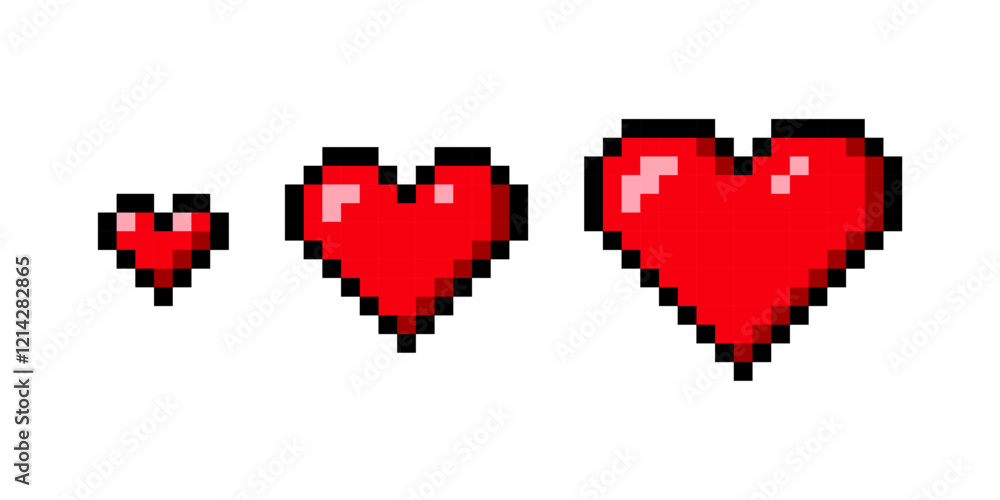 Poster set of pixel art hearts. 8 bit style heart design. retro game. vector graphic.