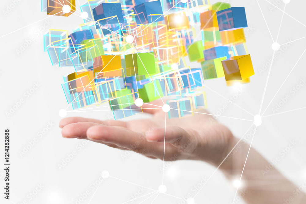 Poster Neural network 3D illustration. Big data and cybersecurity - 3d