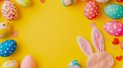 Easter eggs and bunny ears on a yellow background