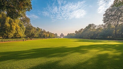 Obraz premium India Gate in New Delhi under clear blue skies, surrounded by vibrant green lawns