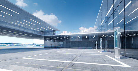 Electric vehicle charging stations powering up at modern office building