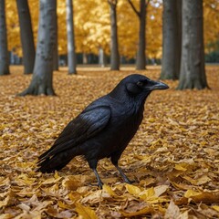 Obraz premium A crow surrounded by golden autumn leaves under soft sunlight.curious crow. 
