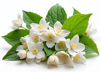 Naklejka premium Exquisite White Jasmine Blossoms & Green Leaves Isolated on White Background - Perfect for Floral Designs