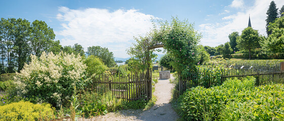 entrance to the herb garden, park landscape Gstadt, upper bavaria