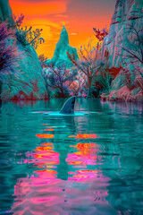 Fototapeta premium vibrant sunset reflects on calm waters, showcasing shark fin emerging from surface amidst colorful rock formations and vegetation