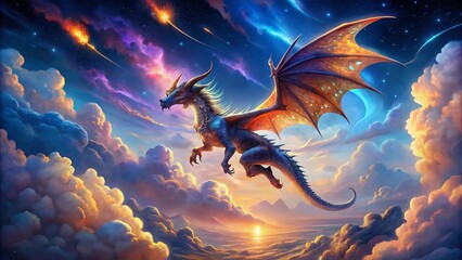 Fantasy Dragon in Starry Cloudscape - Magical Creature Digital Painting