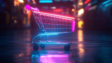 Neon-lit metal shopping cart against a dark background, highlighting the excitement of online shopping and Black Friday promotions.
