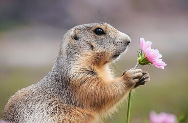 Fototapeta premium Funny animal picture, ground squirrel holding a flower