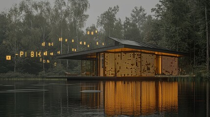 Fototapeta premium Illuminated Modern Lake House Amidst Forest Trees