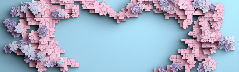 Pink and lavender puzzle heart frame on blue background