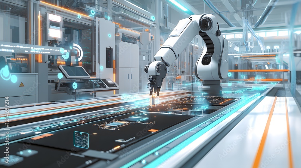 Poster robotic arm assembling circuit boards in modern factory