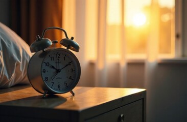 A digital alarm clock on a bedside table, displaying the shift in time as the sunlight peeks through the curtains, signaling the start of longer days. Daylight saving time concept