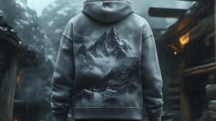 Grey hoodie with mountain landscape print.