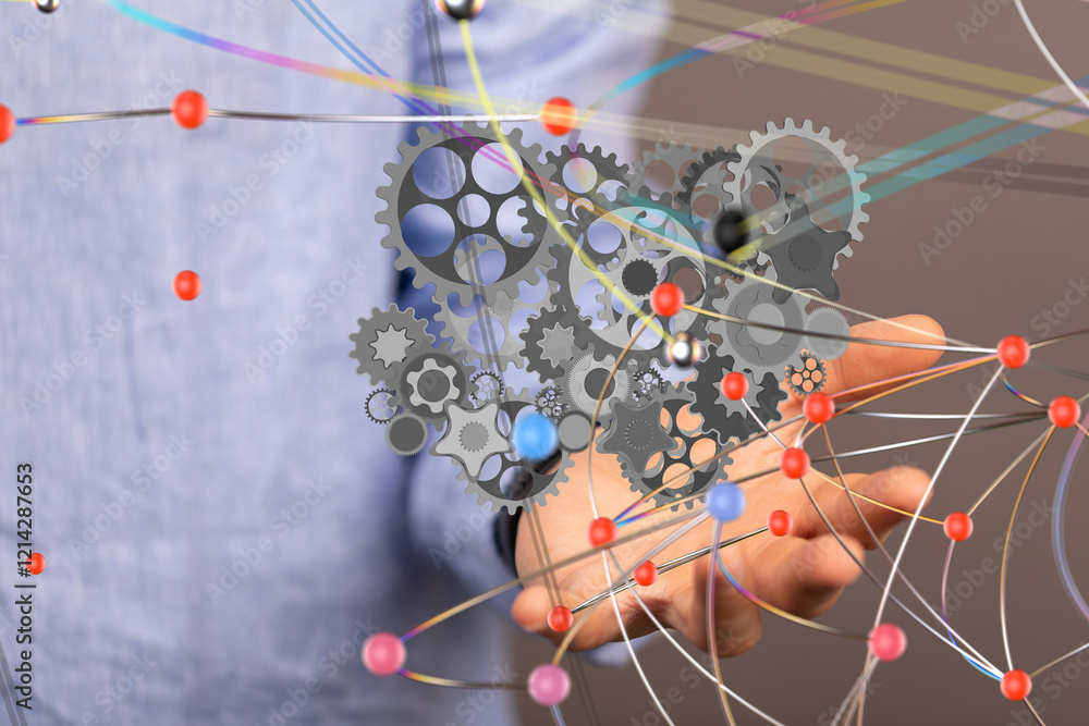 Poster gear system data. Connecting lines and dots.Big data visualization  - 3d