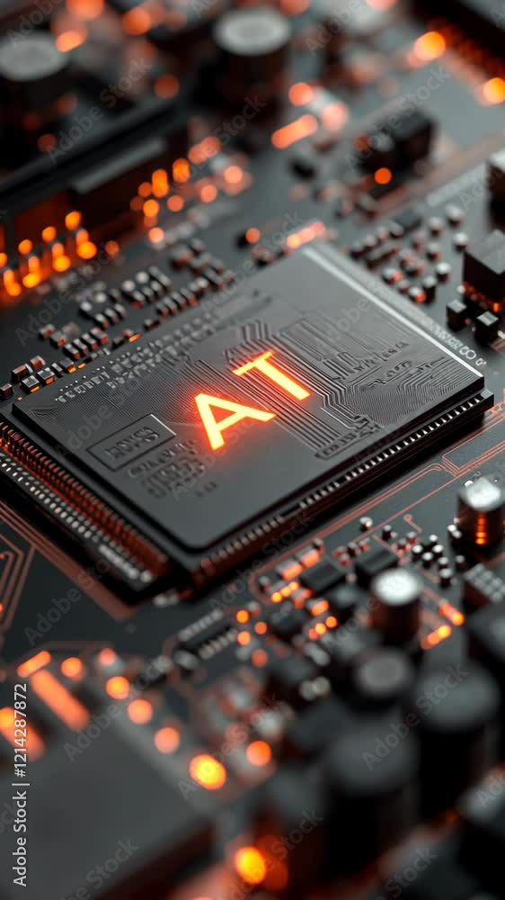 Poster detailed view of a circuit board with glowing components and a prominent microchip labeled at