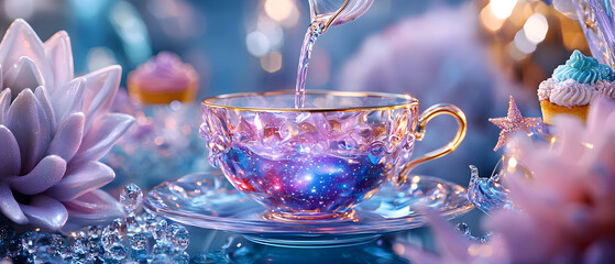 Pouring a magical galaxy drink in a decorative cup artistic table setting vibrant colors close-up view